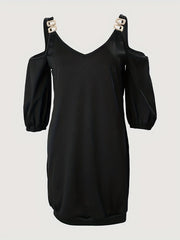 Casual Cold Shoulder V Neck Dress 3/4 Sleeve Solid