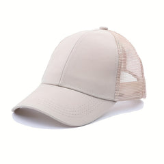 Solid Ponytail Trucker Hat Mesh Breathable Baseball Cap