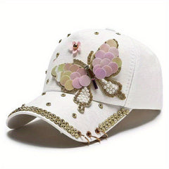 Sequin Butterfly Y2K Baseball Cap Rhinestone Faux Pearl Ring Decor