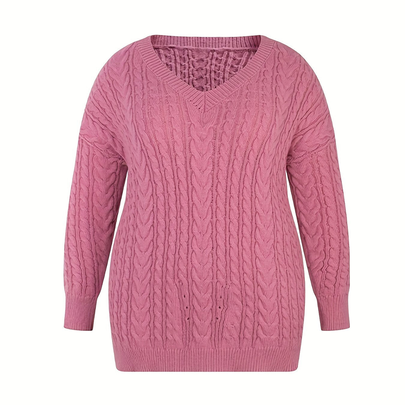  Solid Jacquard Drop Shoulder V Neck Sweater