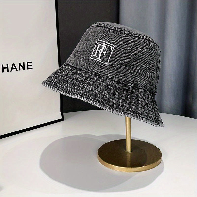 Embroidery Denim Bucket Hat Washed Distressed Vintage Basin Hat