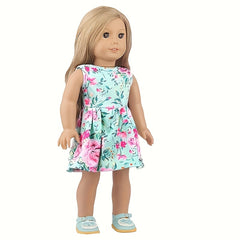 Green Floral Dress for 18" Dolls Pink Yellow Flowers High Fabric