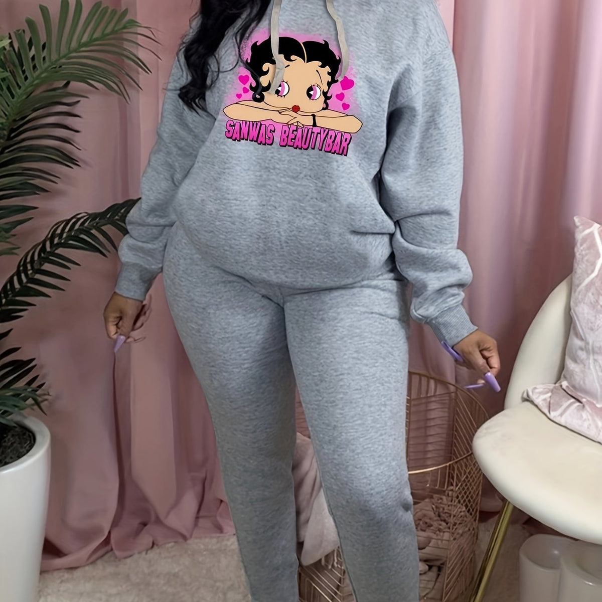 Casual Cartoon Girl Print Hoodie & Sweatpants Set