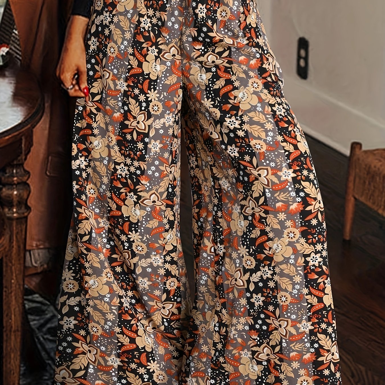  Colorblock Floral Print Wide Leg Trousers