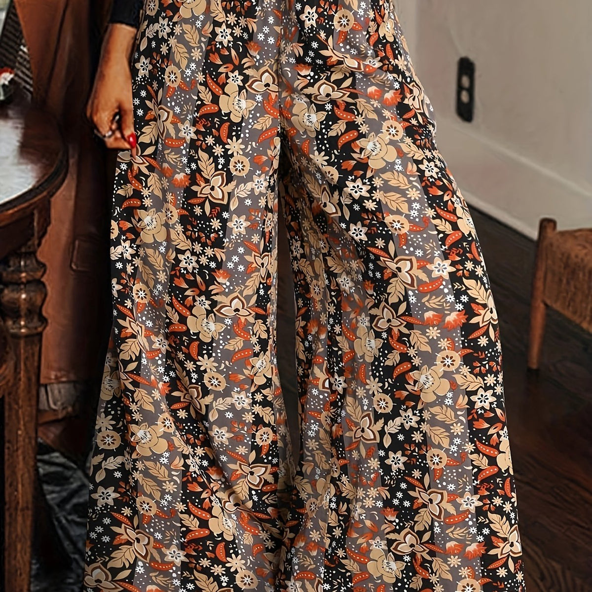  Colorblock Floral Print Wide Leg Trousers