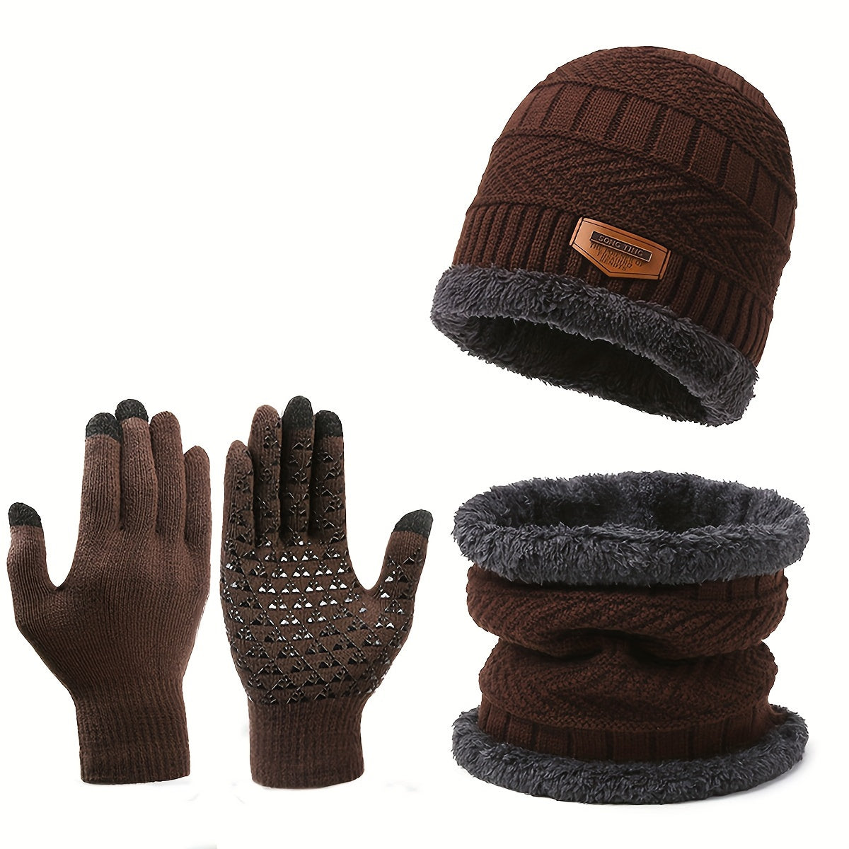Winter Knitted Hat Scarf Gloves Set Velvet Neck Gaiter Touch Screen