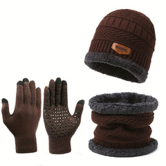 Winter Knitted Hat Scarf Gloves Set Velvet Neck Gaiter Touch Screen