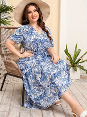 Toile Print Short Sleeve V Neck Plus Size Dress