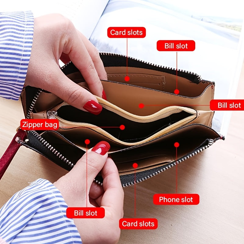 Stitch Detail Long Wallet Faux Leather Clutch Purse Women's Zipper Wristlet Bag