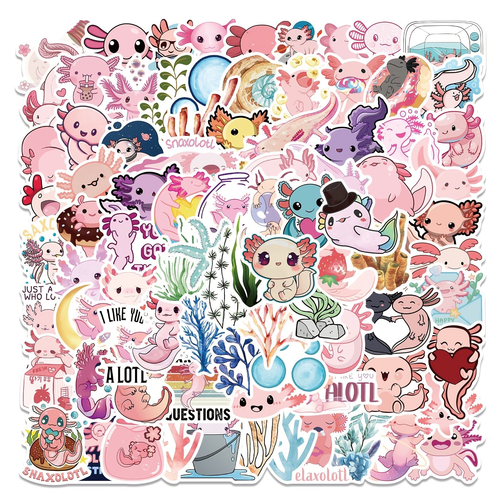 100 Axolotl Stickers Cartoon Anime Self Adhesive Waterproof Hand Bill Stickers