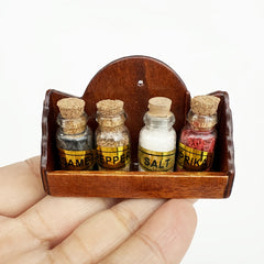 1:12 Scale Wooden Spice Rack w/ 4 Glass Bottles - Dollhouse Kitchen Decor