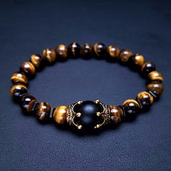 Crown Tiger Eye Bead Bracelet Men's Jewelry