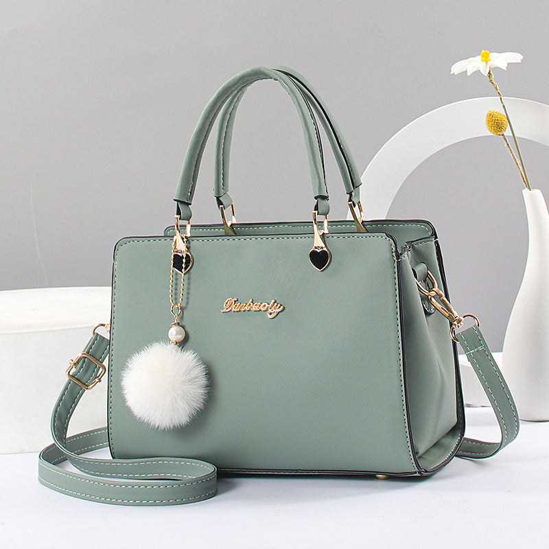 Plush Ball Decor Satchel Bag Solid Hand Bag Women's Shoulder Purse