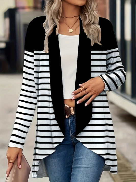  Colorblock Stripe Print Long Sleeve Open Front Cardigan
