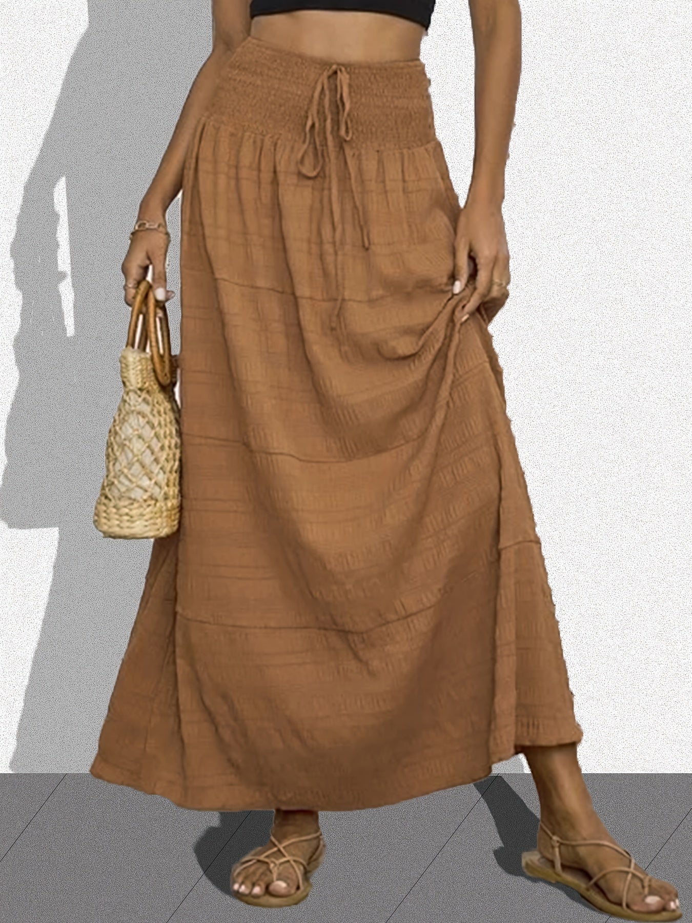  Solid Crinkle Shirred Waist Maxi Skirt