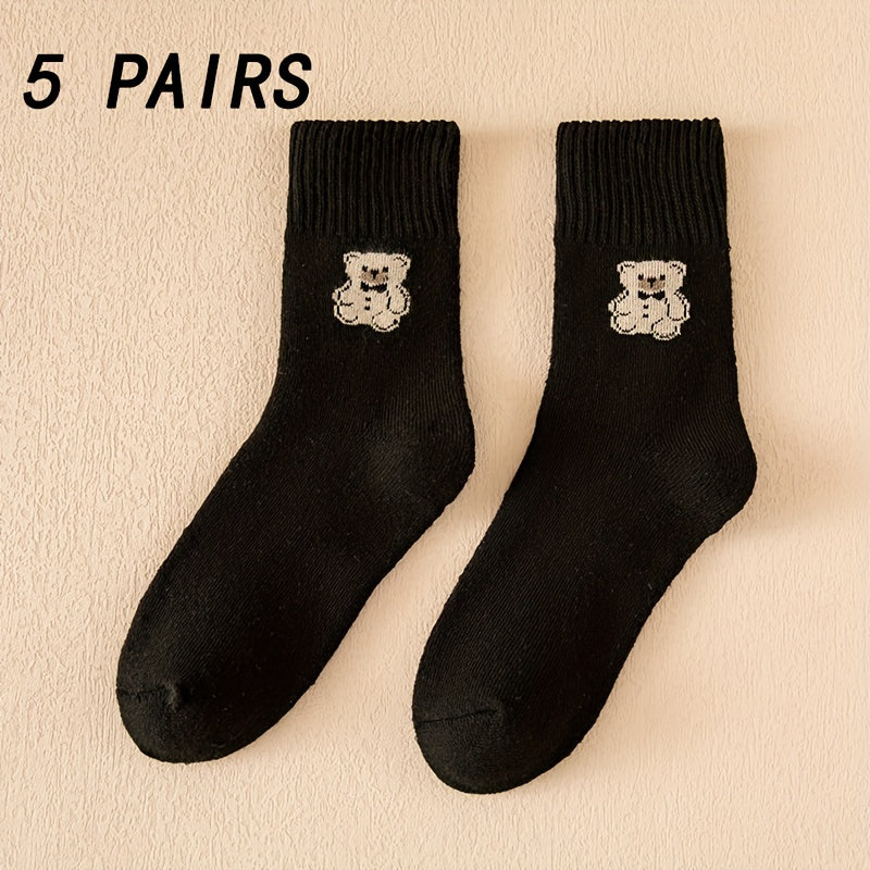 5 Pairs Bear Print Socks Comfy Mid Tube Women's Stockings