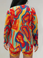  Abstract Print Button Up Blouse & Shorts Set