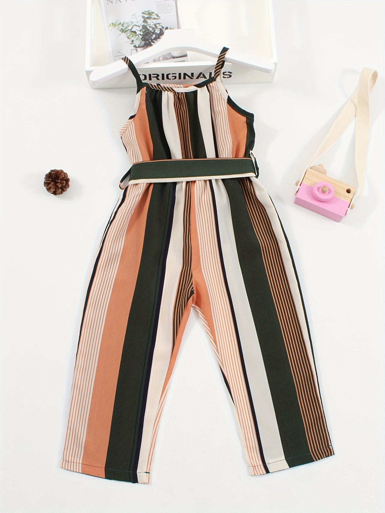 Striped Belted Cami Rompers For Girls