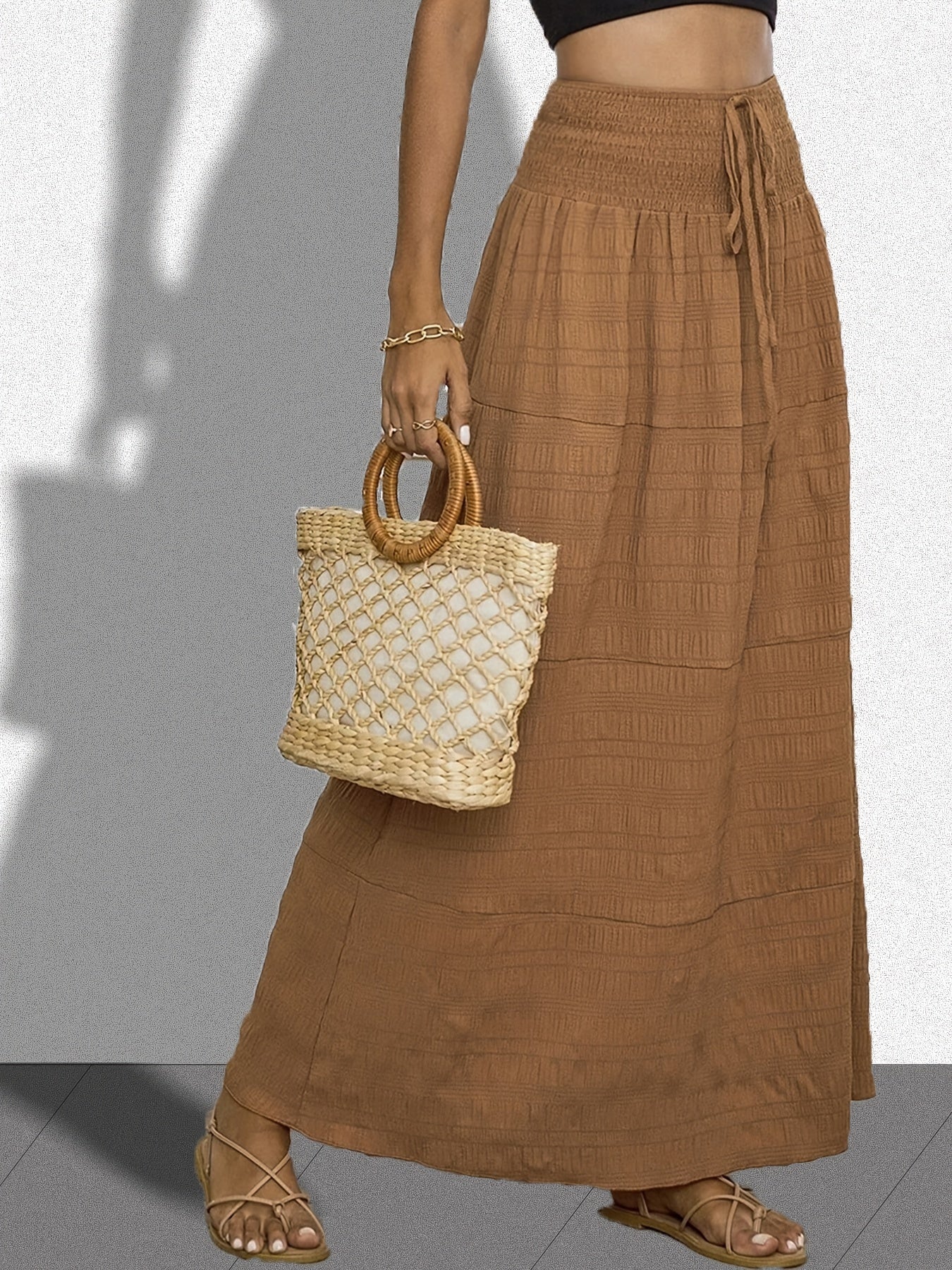  Solid Crinkle Shirred Waist Maxi Skirt