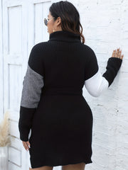  Colorblock Long Sleeve Bodycon Midi Knit Dress With Belt