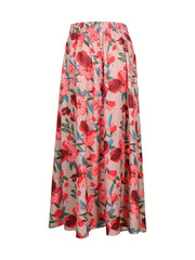  Boho Maxi Skirt Women's Floral Print Elastic Waist High Rise