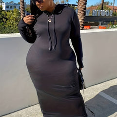  Solid Long Sleeve Sweatshirt Dress with Drawstring Split
