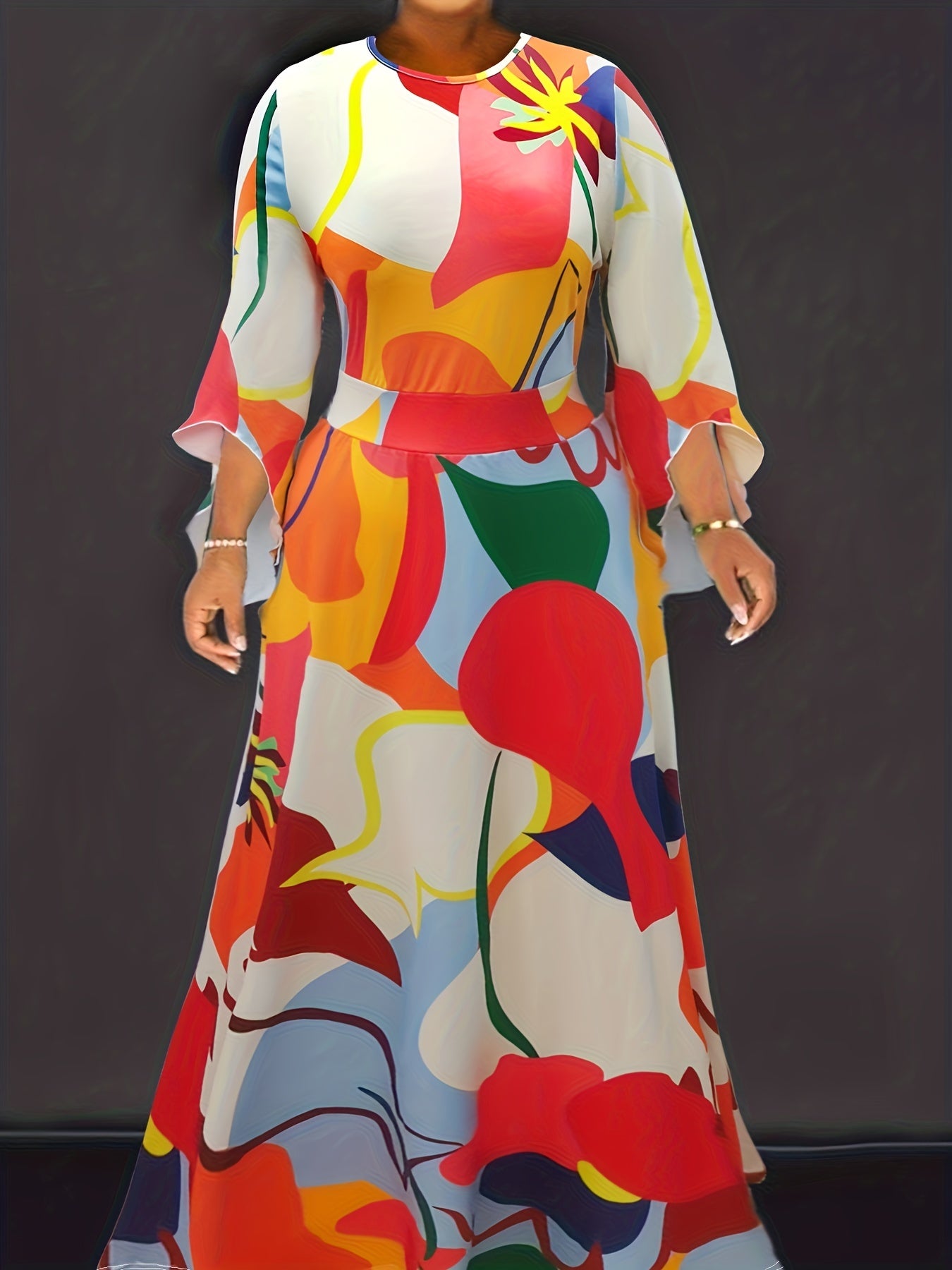  Colorblock Graffiti Print Bell Sleeve Maxi Dress