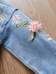 Girls' Flower Decor Denim Jacket Top
