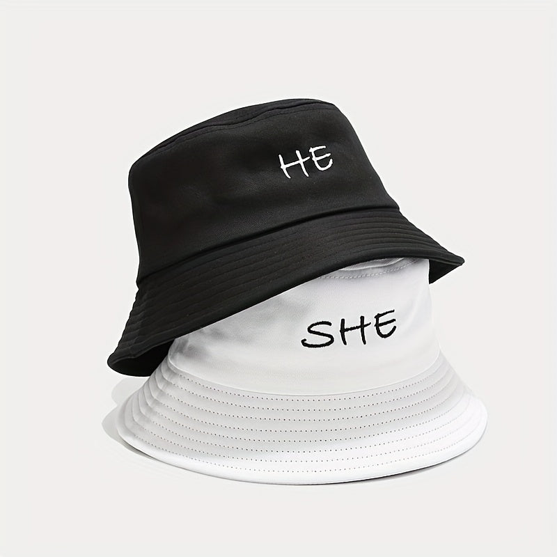 Foldable Bucket Hat with SHE HE Embroidery, Sun Hat for Men Women