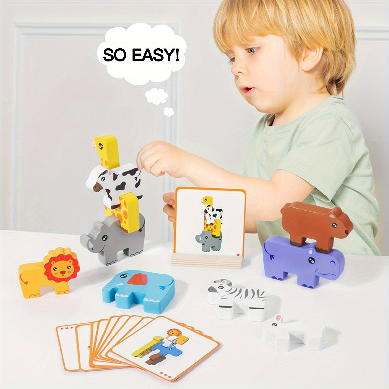 Wooden Animal Sorting & Stacking Blocks Game w/10 Challenge Cards