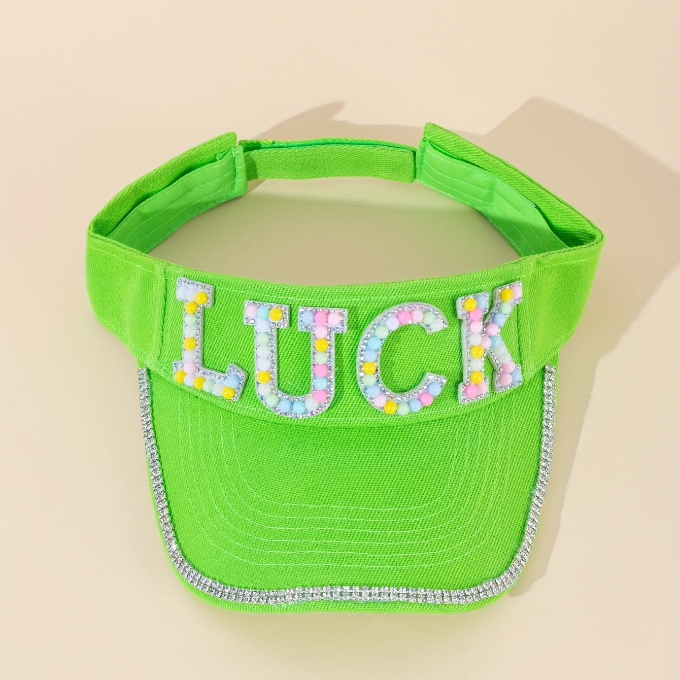 Green Visor Hat with Faux Pearl Rhinestone Decor