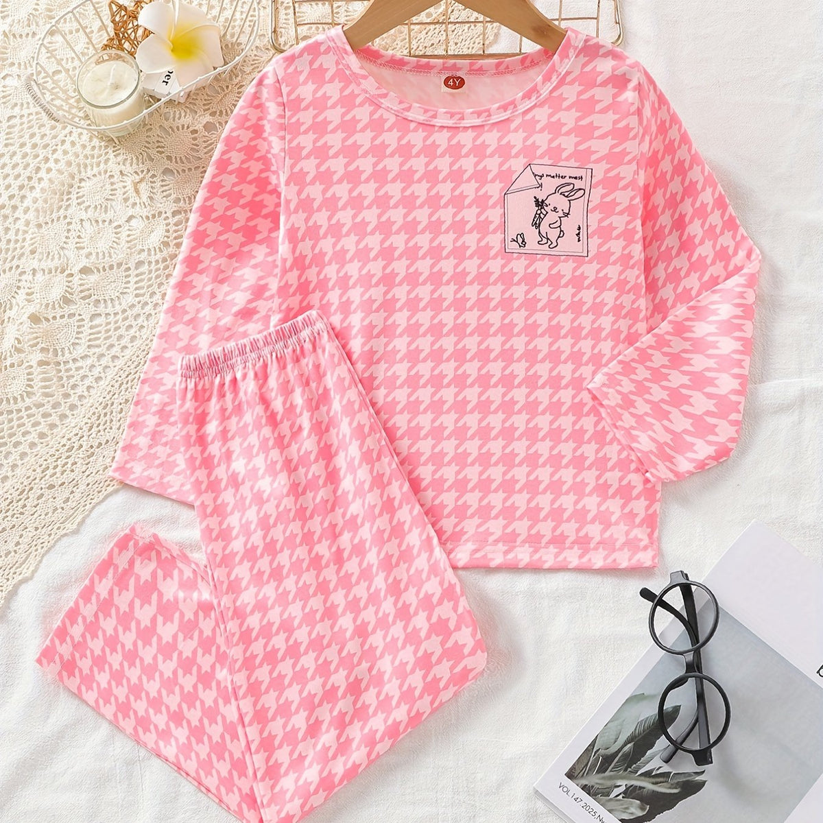 Kid's 2pcs Rabbit Houndstooth Pajama Set, Long Sleeve Top & Pants