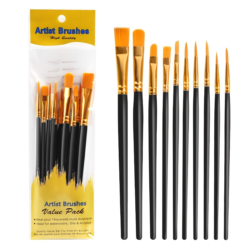10pcs Watercolor Gouache Painting Brush Set Round Pointed Hook Pen Hair Brushes