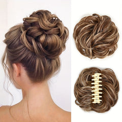 Curly Wavy Hair Bun Extension in Flaxen Brown & Chocolate Chestnu