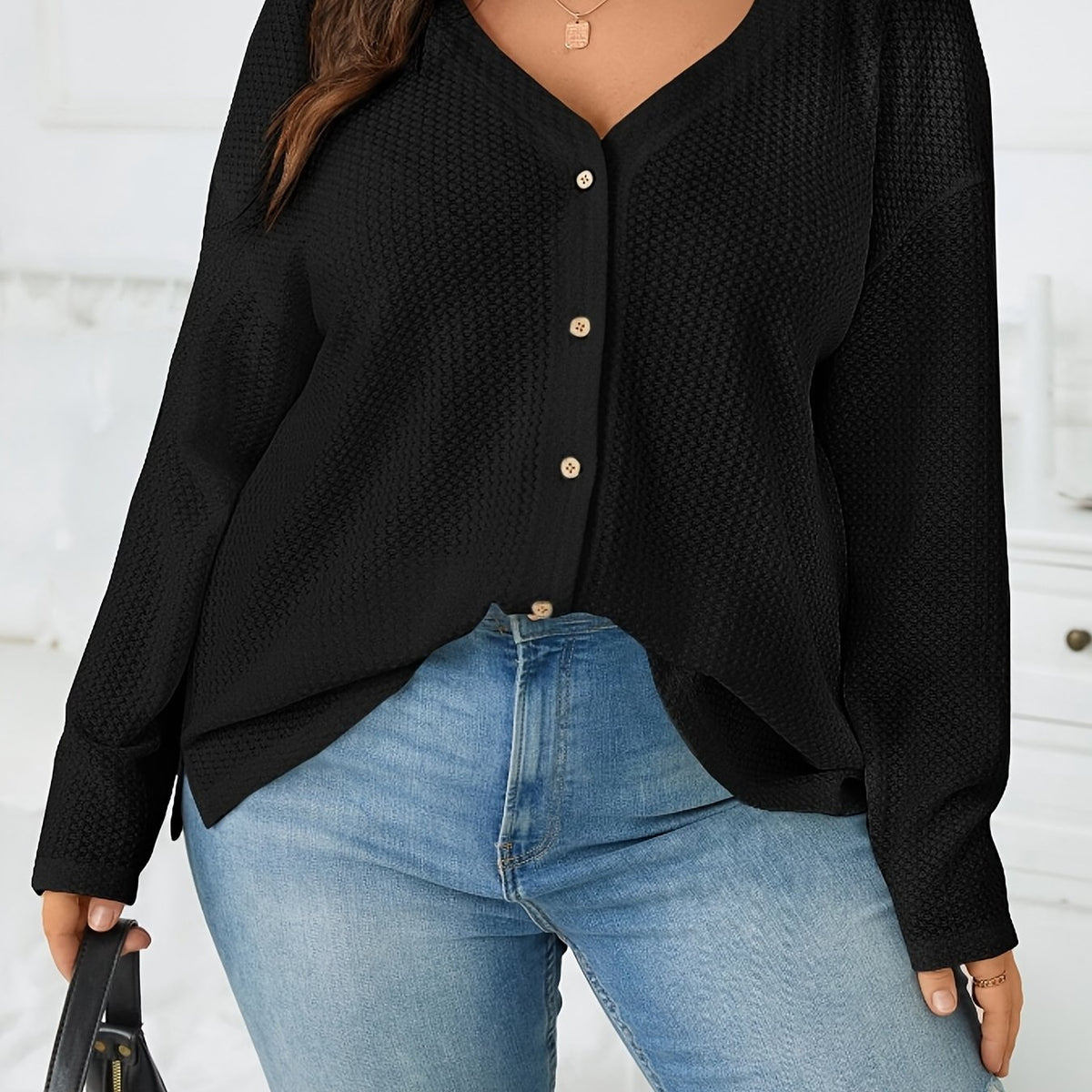  Casual Cardigan Solid Long Sleeve Button Up Waffle Knit Cardigan