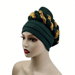 Sequin Braid Turban Cap Pleated Head Wrap Elastic Bonnet Chemo Hats