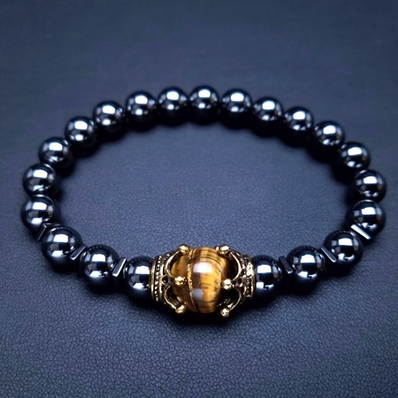 Crown Tiger Eye Bead Bracelet Men's Jewelry