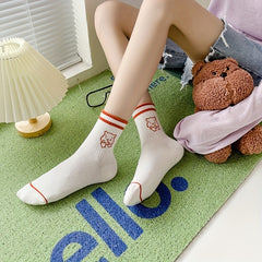 5 Pairs Cartoon Bear Print Socks & Striped Crew Socks Women's Stockings
