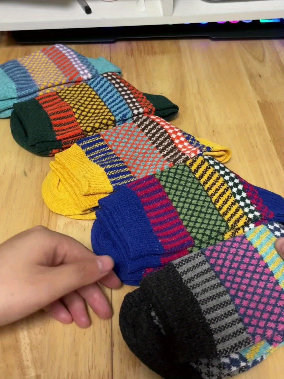5 Pairs Geometric Pattern Socks Colorblock Warm Stockings