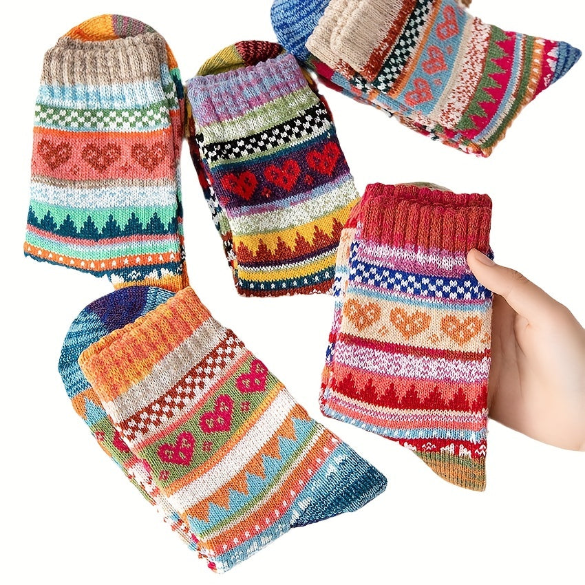 5 Pairs Heart Print Socks Warm Mid Tube Women's Stockings