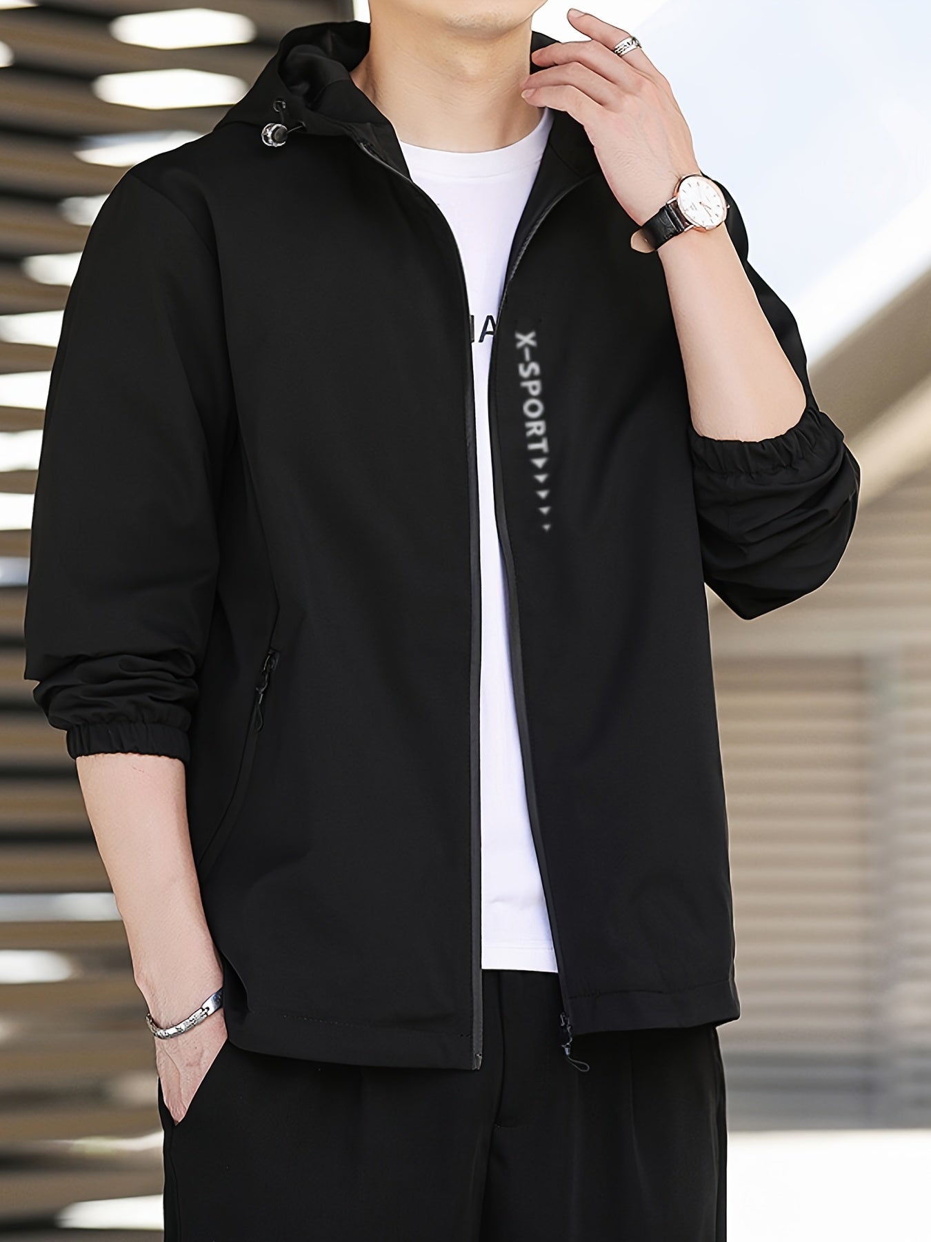 Men's Casual Hooded Zipper Windbreaker Jacket for Spring Fall