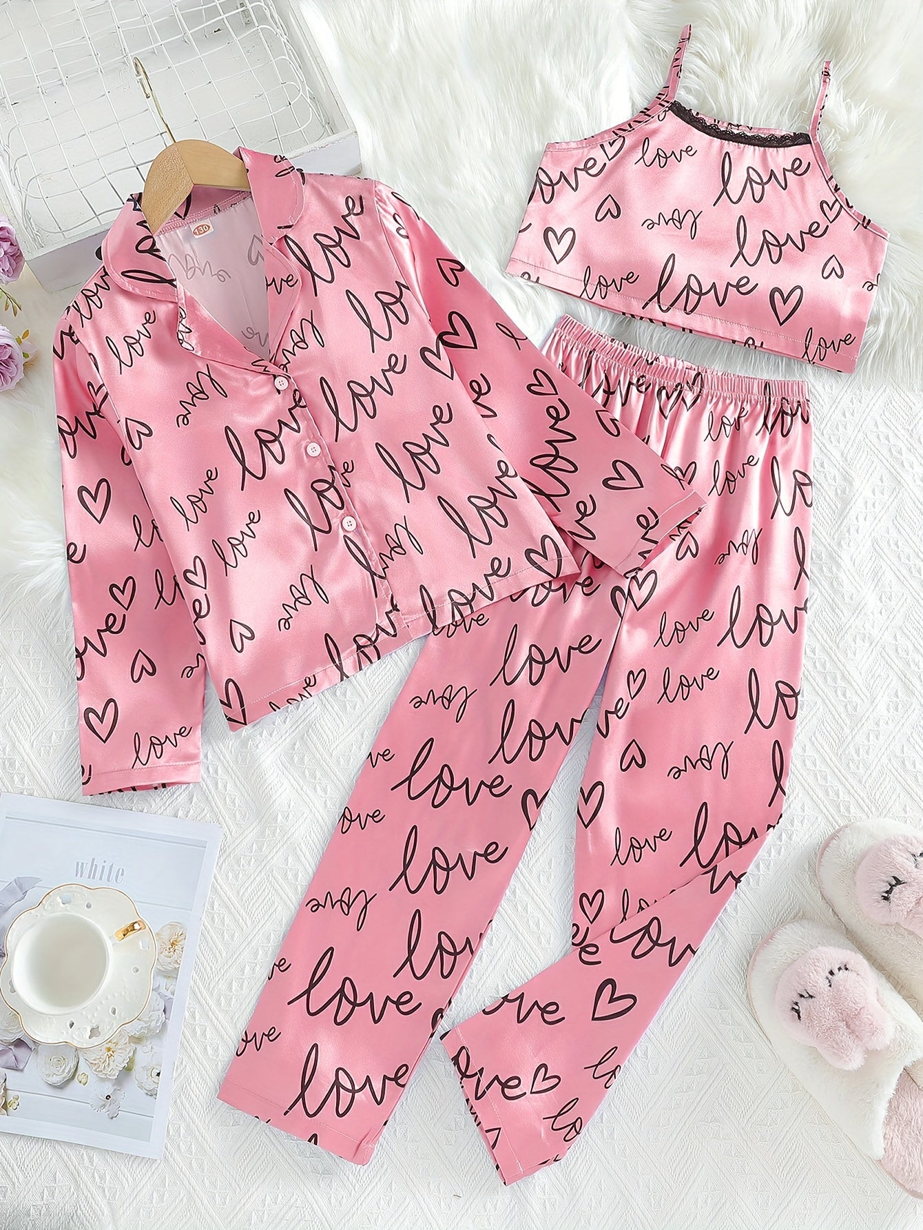 Girl's 3pcs Heart Print Pajama Set Long Sleeve Top Camisole Pants