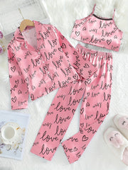 Girl's 3pcs Heart Print Pajama Set Long Sleeve Top Camisole Pants