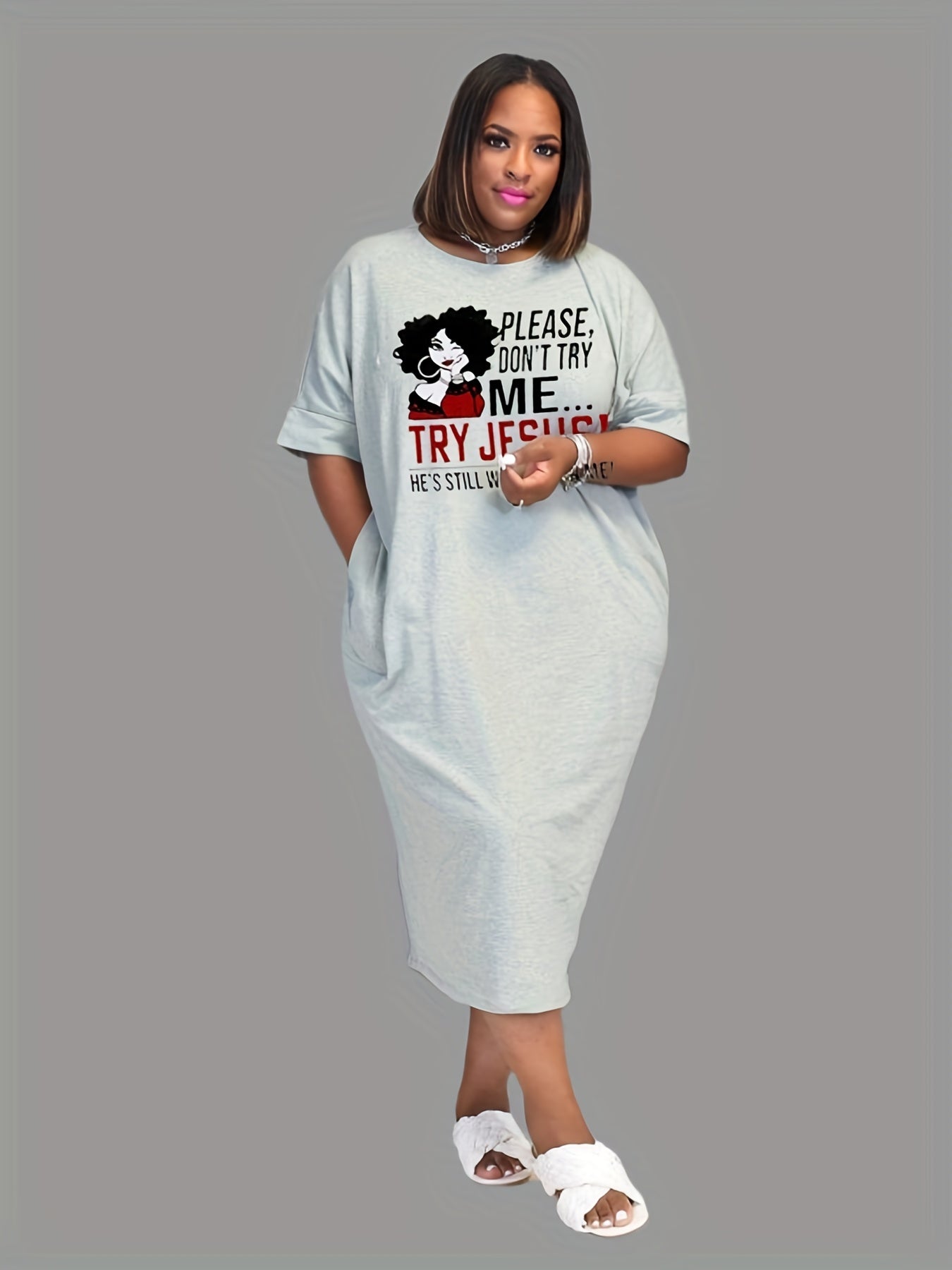  Casual Dress Women's Plus Figure & Letter Print Tee Dress