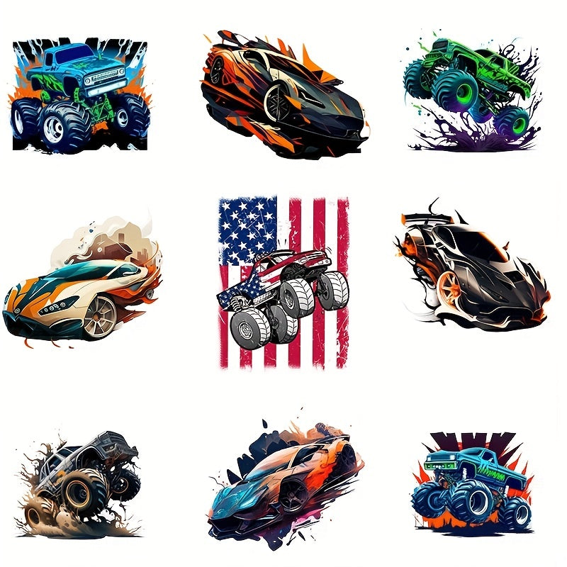 9pcs Supercar Iron on Transfer Stickers Decals for DIY Clothing T Shirts Jackets