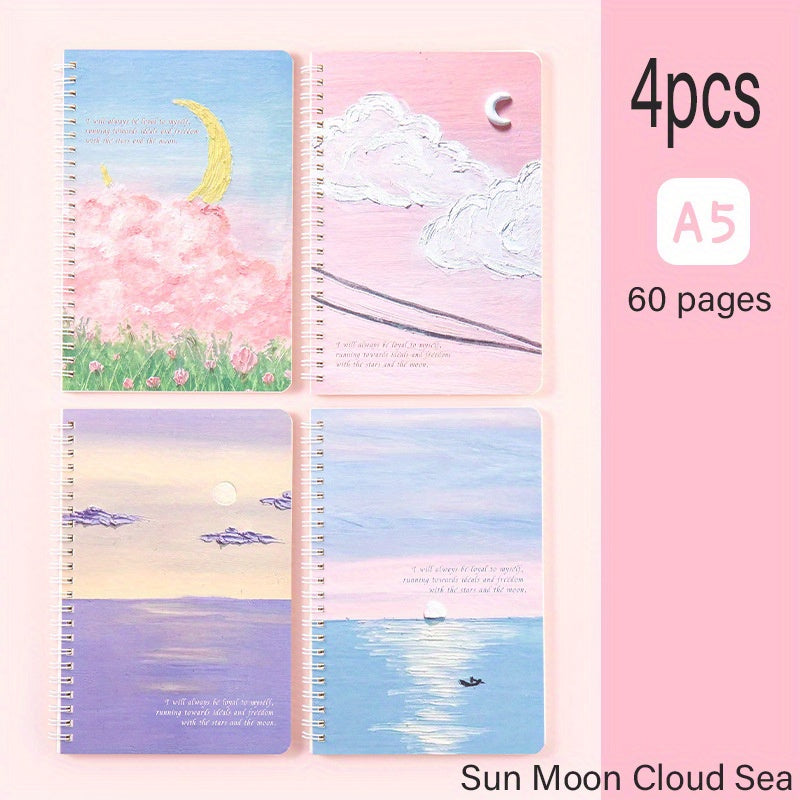 4pcs Painting Scenery A5 Coil Student Diary Stationery Notepad