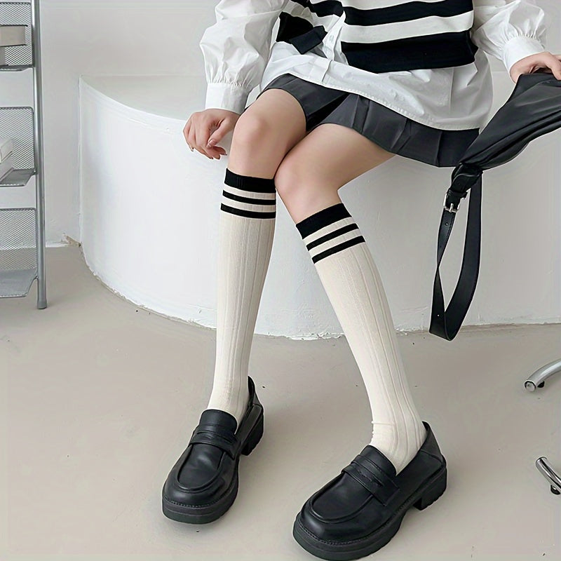 3 Pairs Women's Striped Calf Socks Knee High Stockings