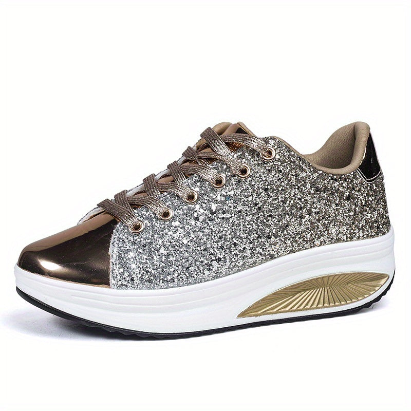 Women's Sequin Sparkly Wedge Lace Up Sneakers