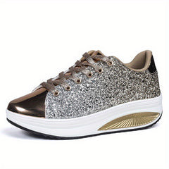 Women's Sequin Sparkly Wedge Lace Up Sneakers