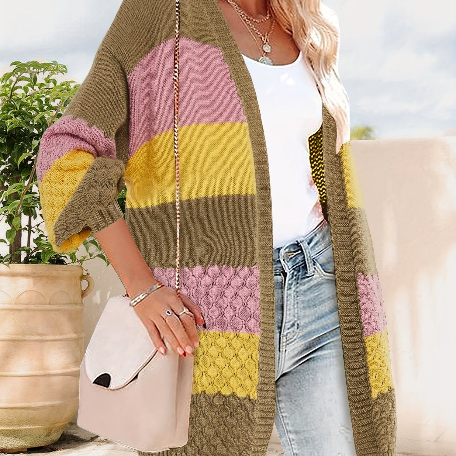  Colorblock Lantern Sleeve Open Front Sweater Cardigan